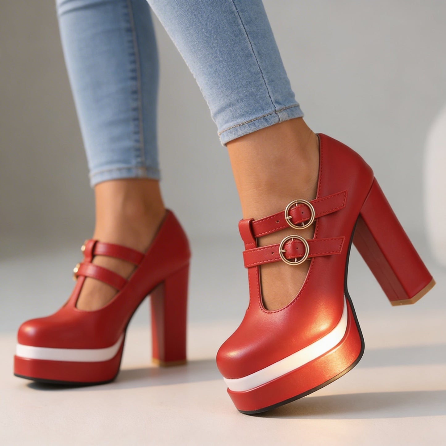 Women's Twin Buckle T-Strap Platform Heels Corvine