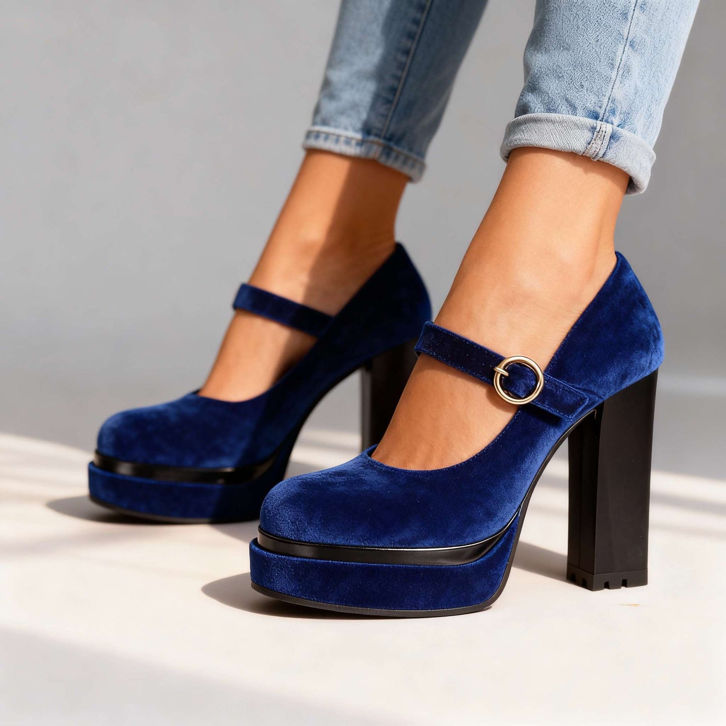Women's Velvet Mary Jane Block Heel Shoes Corvine
