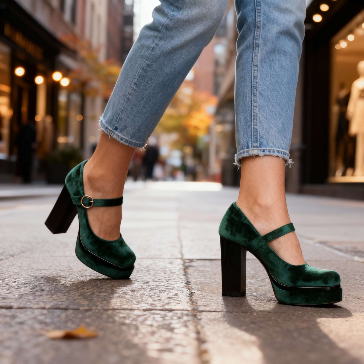 Women's Velvet Mary Jane Block Heel Shoes Corvine