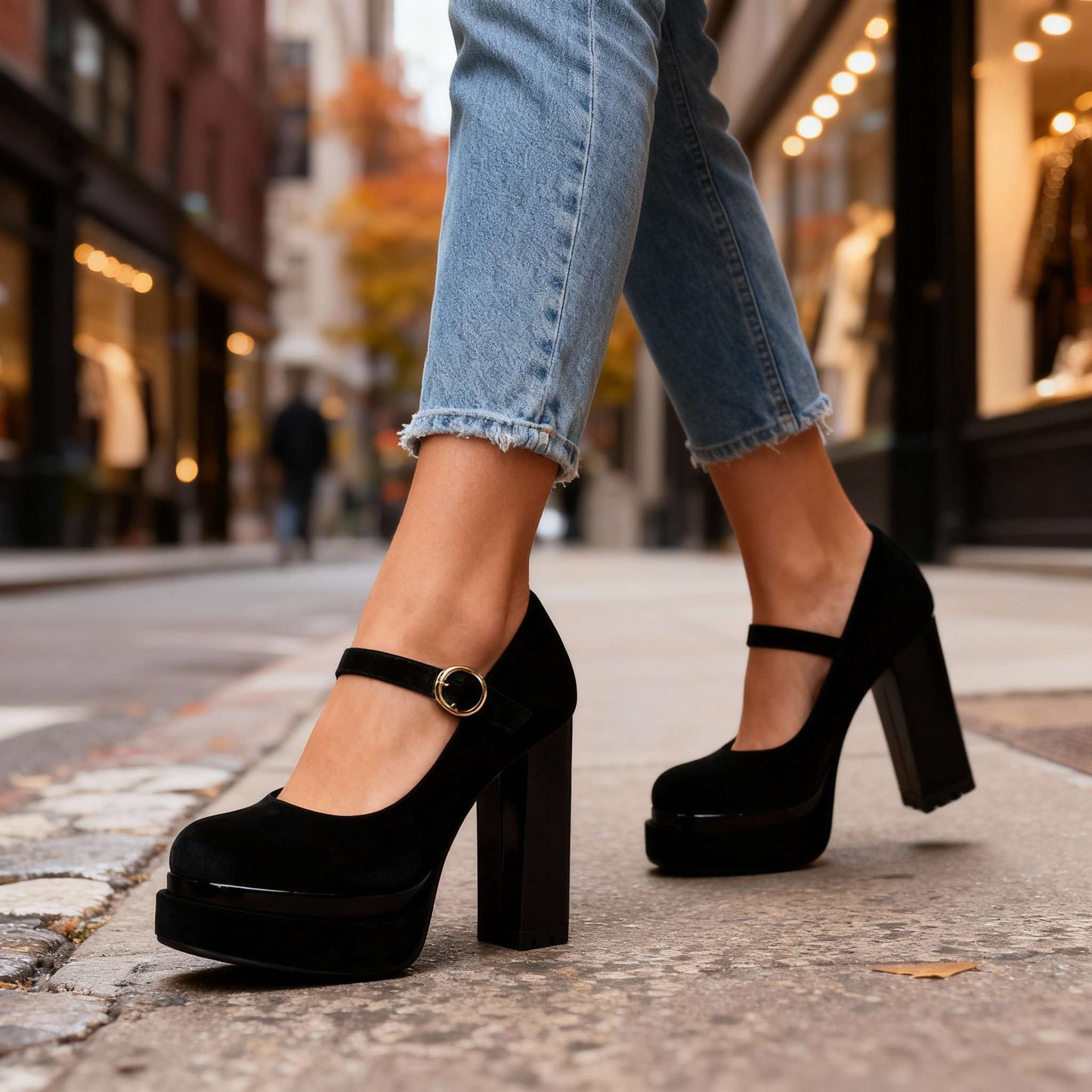 Women's Velvet Mary Jane Block Heel Shoes Corvine